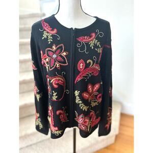 Vintage Talbots Wool Blend Black Pink Embroidered Paisley Zip Cardigan